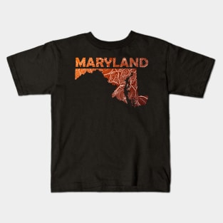 Colorful mandala art map of Maryland with text in brown and orange Kids T-Shirt